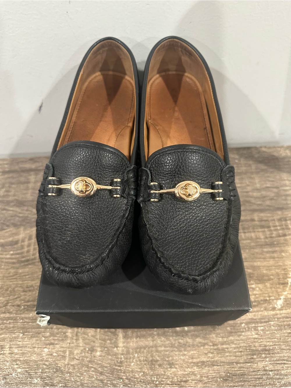 Coach Black Leather Men's Loafers with Gold Bit